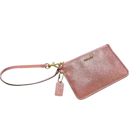 COACH Women's Pink Metallic Sparkle Gold Logo Top Zip Wristlet Wallet Hang Tag - Picture 1 of 10